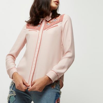 Pink embroidered western shirt